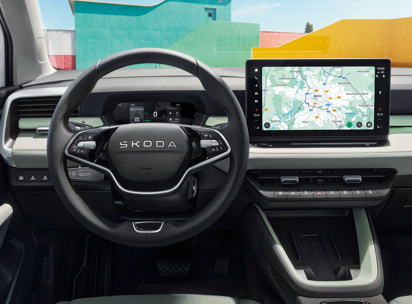 Im Bild ist ein Lenkrad des Skoda Epiqs zu sehen